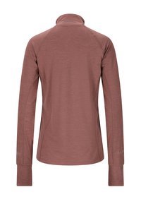 Langarm, mock-neck pullover in een stoffige rozenkleur. Gemaakt van zacht, gestructureerd materiaal met platte naden en reflecterende accenten op de mouwen.