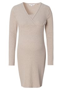 Beige langgestreepte borstvoedingsjurk met lange mouwen, met een kruislings decolleté en aansluitende bovenkant, ontworpen voor comfort en gemakkelijke toegang.