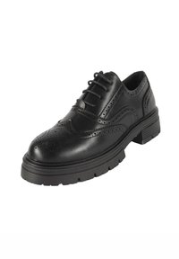 Scarpa in pelle nera con dettagli brogue, punta tonda e design con lacci. Presenta una suola spessa in gomma con motivi di trazione.