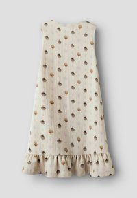 Sleeveless dress with a ruffled hem, cream fabric featuring brown and light purple shell patterns throughout. Textured surface.