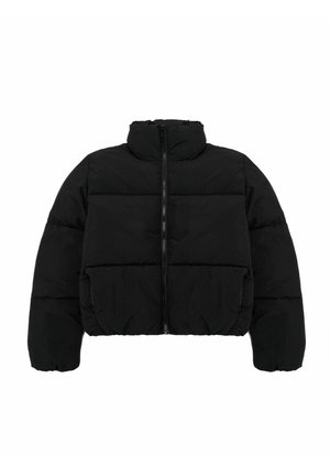 Doudoune noire avec un col montant, fermeture éclair et design court. Présente des panneaux matelassés segmentés pour l'isolation. Texture lisse.