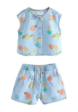 Hellblaues ärmelloses Kinder-Button-up-Top und Shorts mit elastischem Bund und bunten Insekten- und Blumenmotiven.