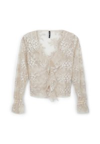 Beige durchsichtige Bluse mit floraler Stickerei, V-Ausschnitt, Rüschen vorne, langen Ärmeln mit gerafften Manschetten, leichtem Stoff und zarten Details.