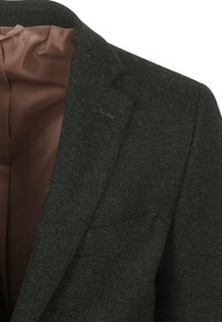 Donkergroen blazer met een heringbone-patroon en een zak, voorzien van een soepele bruine satijnen voering en gestructureerde revers.