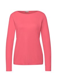 Top de manga larga en un vibrante color coral, con escote redondo y una tela suave y elástica de mezcla de algodón. Diseño simple, sin patrones ni adornos.