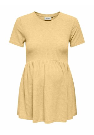 Kortærmet, rundhals kjole i blødt, lysegult stof med en luftig, rynket talje og tekstureret finish.