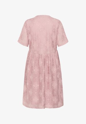 Pink lace dress with short sleeves, featuring a floral pattern, round neckline, and gathered waist, creating a relaxed, flared silhouette.