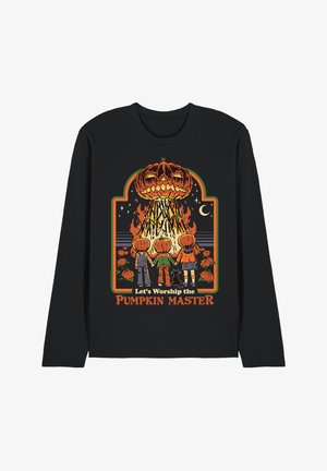 Three children and a black cat with pumpkin heads hold hands, facing a large fiery jack-o'-lantern under a crescent moon, with text "Let's Worship the Pumpkin Master."