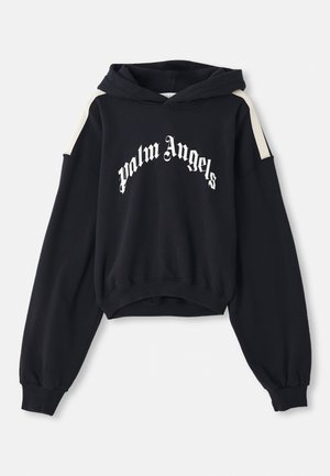 Juoda trumpa hoodie, pagaminta iš minkštos medžiagos, su balta "Palm Angels" logo, cream spalvos akcentais ant pečių siūlės ir su grublėtom rankogaliais.