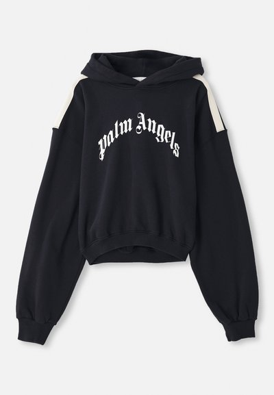 Black cropped hoodie made of soft fabric featuring a white "Palm Angels" logo, with cream-colored accents on the shoulder seam and ribbed cuffs.