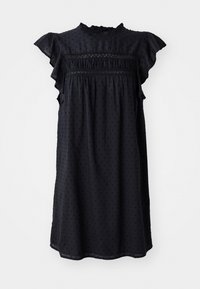 Mustat mekot, joissa on kevyttä kangasta, korkea kaula-aukko, lyhyet rypytetty hihat, rypytetty vartalo ja pistekuviointi koko kyljessä.