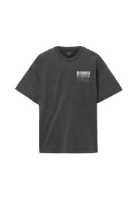 Grå bomulds-T-shirt med korte ærmer, med V-udskæring og et flerfarvet "ALLSAINTS"-logo trykt på brystet.