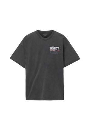 Grijs katoenen T-shirt met korte mouwen, voorzien van een V-hals en een meerkleurig "ALLSAINTS"-logo op de borst gedrukt.