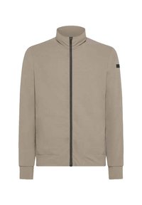 Giacca beige con zip alta, due tasche laterali e zip nera. Presenta maniche lunghe e un design minimalista.