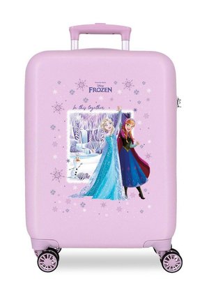 Maleta rosa con ruedas que presenta a los personajes de Frozen Elsa, Anna y Olaf, con copos de nieve y un fondo de paisaje helado.