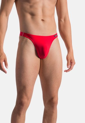 Rode zwembroek in tanga-stijl, gemaakt van glad, elastisch materiaal met een minimalistisch ontwerp. Heeft een smalle tailleband en geen zichtbare patronen.