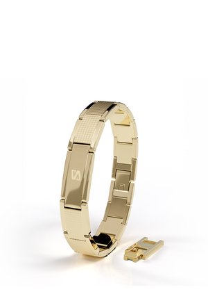 Gold metal bracelet with textured and smooth links, displayed upright with a removable clasp piece beside it on a white background.