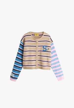 Gestrickte Strickjacke mit beigem Körper und mehrfarbigen Streifen, einem Rundhalsausschnitt, durchgehender Knopfleiste und Snoopy-Stickerei auf der Brust.