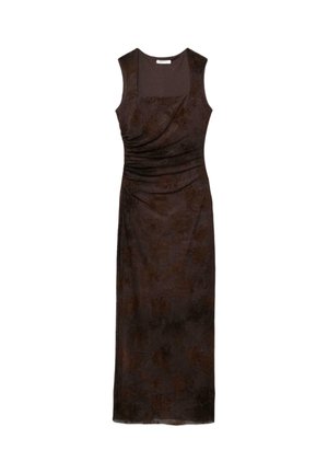 Ärmelloses, dunkelbraunes, figurbetontes Midikleid mit subtilem Blumenmuster und Raffung auf einer Seite, quadratischem Ausschnitt und geradem Saum.