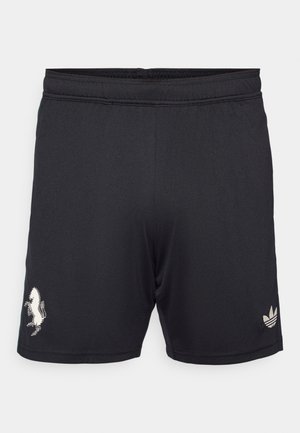Schwarze Sportshorts aus glattem Stoff, mit einem weißen Logo auf dem linken Bein und einem gestickten Drei-Streifen-Logo auf der rechten Seite.