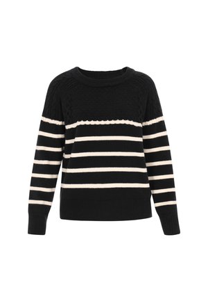 Pull en maille noire avec des rayures horizontales crème, corps texturé, poignets et ourlet côtelés, col rond et motif en câble sur les épaules.