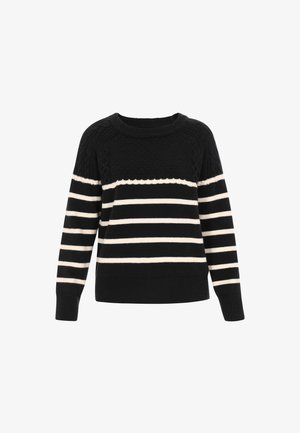 Juodas megztinis su kreminėmis horizontaliomis juostelėmis, tekstūruota medžiaga, raštuoti rankogaliai ir apatinė kraštinė, apvalus kaklas ir kabelio raštas ant pečių.