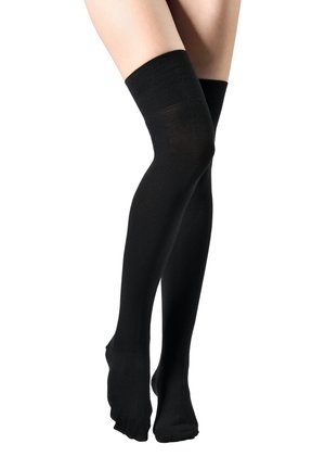 Calze nere fino alla coscia realizzate in un materiale morbido e liscio, con un design in un colore uniforme e una parte superiore a maniche. Il tessuto sembra elastico e aderente.