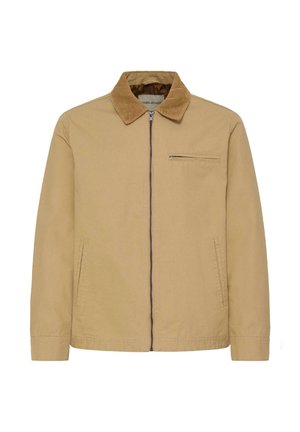 Beige lynlåsjakke med kordfløjls-krave, to sidelommer og en vandret brystlomme mod en hvid baggrund.