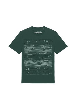T-shirt vert foncé à manches courtes avec motifs de visages de chats minimalistes blancs et lignes horizontales à l'avant.