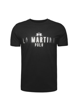 Musta puuvillapaita, jossa on rohkea valkoinen painatus "LA MARTINA" ja "POLO", sekä kahden ristikkäisen polo-tykin graafi tekstin yläpuolella.
