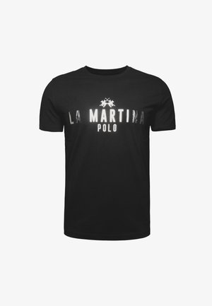 Sort bomulds t-shirt med fed hvid print af "LA MARTINA" og "POLO," med et grafik af to krydsede polostave ovenfor teksten.