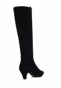 Bottes noires montantes en tissu doux avec un talon effilé et une texture lisse. Elles présentent une tige ajustée et des détails de couture minimalistes.