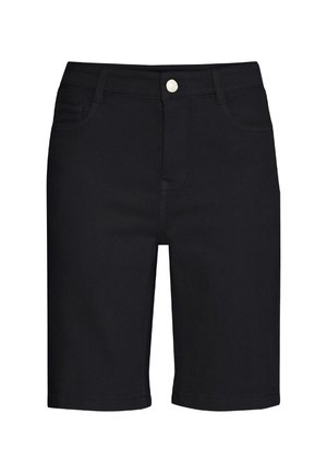 Shorts en denim noir avec une coupe ajustée, cinq poches, fermeture à bouton en métal argenté, texture lisse et coupe droite.