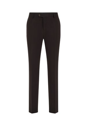Zwarte op maat gemaakte broek met een rechte pasvorm, knoopsluiting en riemlussen. Gladde stof met een minimale textuur, geschikt voor formele gelegenheden.