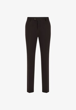 Zwarte op maat gemaakte broek met een rechte pasvorm, knoopsluiting en riemlussen. Gladde stof met een minimale textuur, geschikt voor formele gelegenheden.