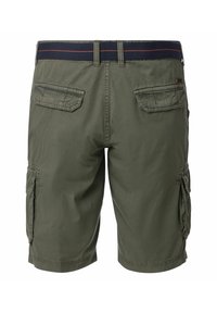 Grüne Cargo-Shorts aus einem Baumwoll-Mix, mit einem dunkelblauen Bund, zwei seitlichen Taschen und zwei hinteren Klappentaschen.