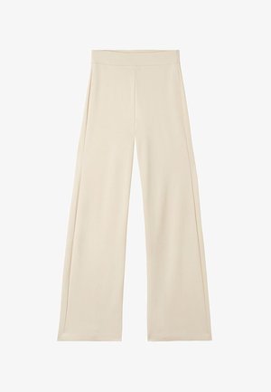 Béžové široké kalhoty s vysokým pasem a hladkou texturou, s jemnými švovými detaily podél nohou.