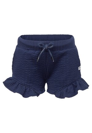 Marineblaue, strukturierte Shorts mit gerafftem Saum und gebundenem Kordelzugbund, mit kleinem seitlichem Logo-Patch.