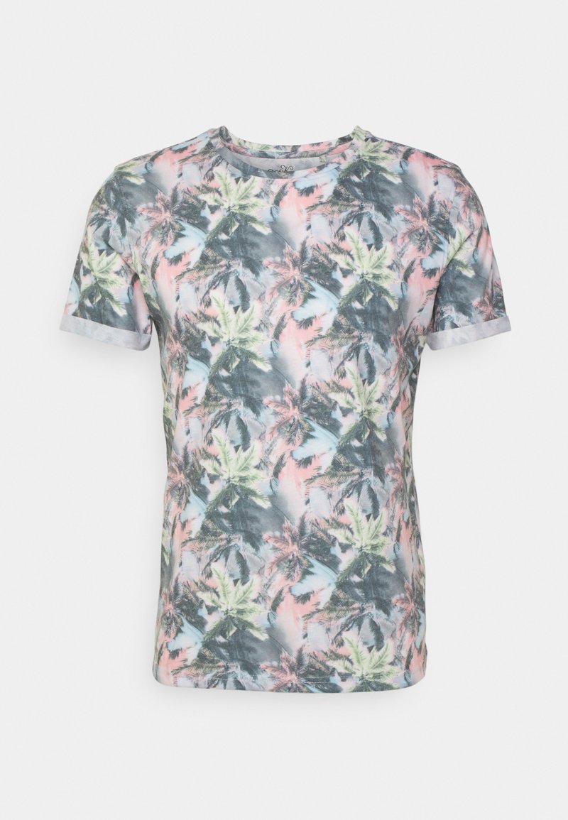 Short-sleeve t-shirt in soft fabric featuring a colorful palm tree print on a light background, with a crew neckline and relaxed fit.