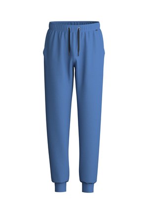 Blue drawstring sweatpants with elastic waistband, ribbed cuffs, and side pockets. Crafted from soft, textured fabric.