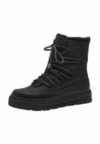 Bottines noires avec une finition texturée, dotées de lacets épais et d'une doublure en fausse fourrure. Semelle en caoutchouc robuste et détails de couture renforcée.