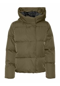 Maslinasto zeleni puffa kaput s visokim ovratnikom i kapuljačom, boxy kroja i quiltane teksture. Izdržljiv vanjski materijal, topla izolacija.