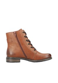 Bottines en cuir brun avec un bout arrondi, fermeture éclair sur le côté et lacets à l'avant. Présente des œillets dorés et des détails de couture contrastante.