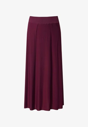 Falda larga y fluida en un profundo burdeos con una cintura ancha y pliegues sutiles en la parte delantera, mostrada sobre un fondo blanco.