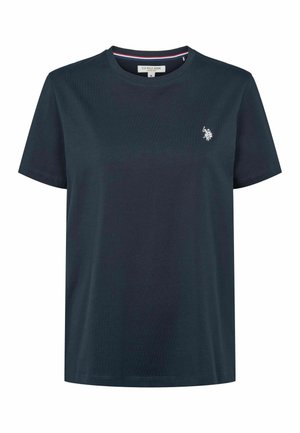 Sötétkék rövid ujjú pamutpóló kerek nyakkivágással és kis fehér hímzett Polo logóval a bal mellrészen.