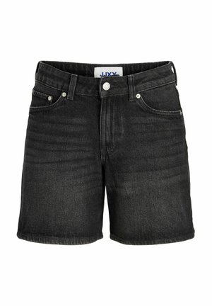 Short en denim noir avec bouton et fermeture éclair à l'avant, passants de ceinture et design cinq poches.