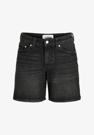 Sorte denimshorts med knapp og glidelås foran, beltehemper og fem-lommers design.
