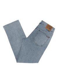 Light blue denim jeans with a straight cut, featuring a leather label on the back waistband, two rear pockets, and a raw hem.