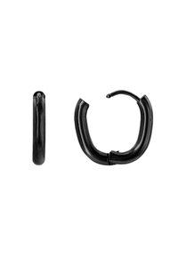 Orecchini a cerchio neri caratterizzati da un design liscio e arrotondato con una leggera curvatura; realizzati in metallo con una finitura lucida.