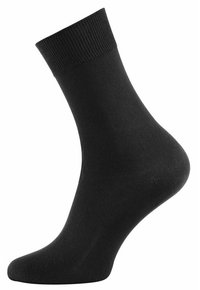 Calzino di cotone nero con bordo a costine e texture liscia. Lunghezza alla caviglia con un design aderente, adatto sia per l'abbigliamento casual che formale.
